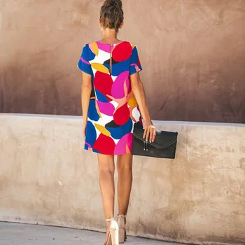 Ženske Sladko Tiskanja Mini Poletje Obleko O-Vratu Geometrijske Tiskanja Kratek Rokav Obleka Ulične Priložnostne Obleke 2020 Seksi Sundress - 