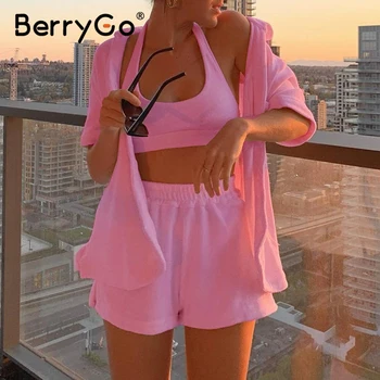 BerryGo Dva kosa priložnostne trdno obleko, ženska Poletje žep belega t-shirt hlače ulične Mode gumbi roza pižami določa ženske - 
