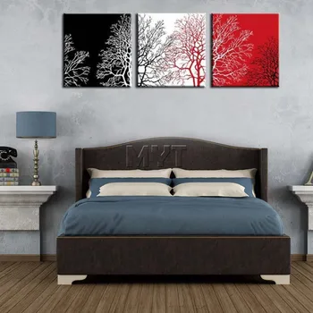 POP Moderno stensko Ni Okvir črne in wihte rdeče dreves Oljnih Slik na Platnu 3 kos doma Dekoracijo Wall Art Barve za sobi - 