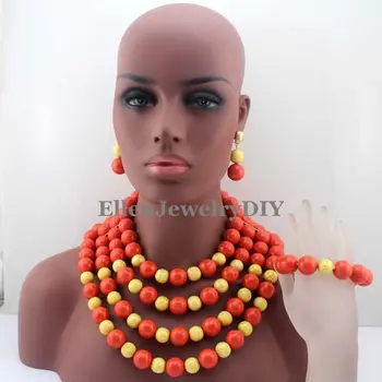 Novo nigerijski Poroko Oranžna Koralni Kroglice Velik Krog Biseri 4 plasti Nakit Set Afriške Kostum kroglice Nakit Sklopov W13502 - 