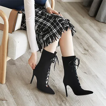 MoonMeek 2020 novi škornji konicami prstov ženske maturantski čevlji čipke tankih visokih petah seksi jeseni, pozimi škornji plus velikost 34-48 - 