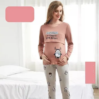 Novo bombaž nosečnice, doječe bombažno pižamo toplotne perilo nastavite poroda oblačila za jesen in zimo - 