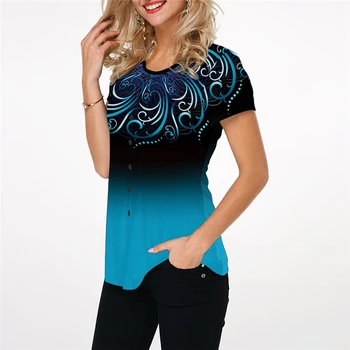 Ženske Priložnostne Kratke Majice T 2020 Plus Velikost S-2XL Gradient Barvno Tiskanje Poletje T Shirt O-Vratu Gumb Tees Vrh Ohlapne Srajce Femme - 