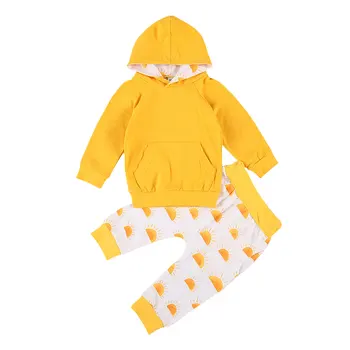 2020 Jesen Pomlad Dojencek Dekliška Oblačila Sklop Otrok Long Sleeve Solid Color Kapičastih Pulover + Elastični Pas Sonce Tiskanja Hlače 0-4T - 