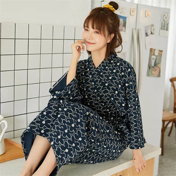 Kimono Plašč Halje za Ženske Pomlad Jesen Novo Čipke Nightgown Cvetlični Bombaž Dolg Rokav Pižamo Japonski Svoboden Home Service Set - 