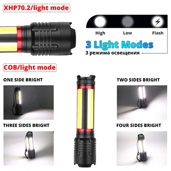 XHP70+COB LED Svetilka 5000mAh Baterije Baklo USB Flash Svetlobe Rechargerable 7modes Zoom Nepremočljiva Kamp Lanterna Moč Opomnik - 