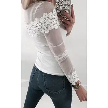 Ženske Bele Čipke Vrhovi Pomlad Poletje 2019 Fashion Lace Mozaik Glej Skozi Priložnostne Dolg Rokav Femme Vrh WS6081C - 
