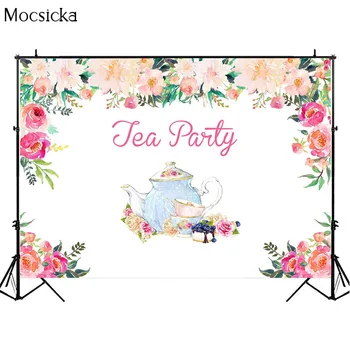 Tea Party Temo Rojstni Dan Ozadje Akvarel Cvetlični Porcelana Skodelice Foto Ozadje Sladica Tabelo Okraski Banner Kulise - 