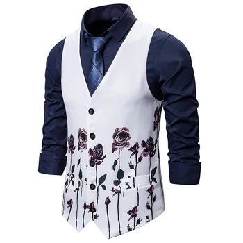 Mens Telovnik 2020 Moda Bele Vrtnice Flroal Waistcoat Moških Obleko Telovnik Stranko Poroko Jopičem Telovnik Moški Fazi Pevka Gilet Kostum Homme - 