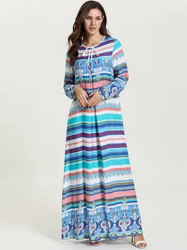 Abaya Turški Caftan Marocain Velikosti Musulmane Femme Jeseni Mode Plesti Prugasta Šivanje Dolgo Sleeved Arabskem Obleko - 