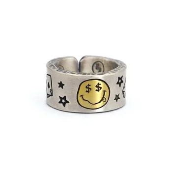 Original oblikovalec obrti denar zvezde poker nasmejan obraz odpiranje nastavljiv prstan kreativen punk stil ženske blagovne znamke nakit - 