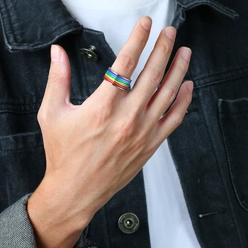 Vnox Meri 10 mm Obroč za Moške Ljubezni LGBTQ Mavrica Linije Poročni prstan iz Nerjavečega Jekla Široko Prst Nakit Barvit Dodatek - 
