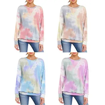 Ženske Tie-dye Multicolor Majica Dolg Rokav Krog Vratu Ohlapen Pulover, T-shirt Top Plus Velikost 2XL Ženski Jesenski Oblačila 2020 - 