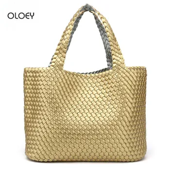 OLOEY Novo žensko torbico dvojna torba PU tkane vrečke dvostranski dveh barvnih dve namen, velike zmogljivosti, vedro vreča - 