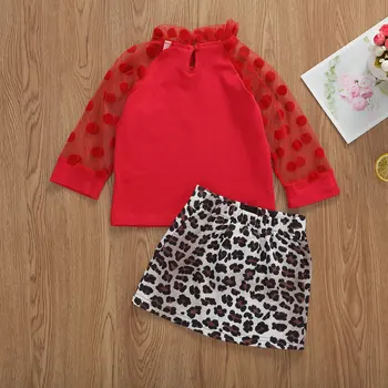 1-6Y Moda Baby Dekleta Obleke, Kompleti Polka Dot Dolg Rokav Čipke T Majice, Vrhovi+Leopard Natisniti-Line Krila - 