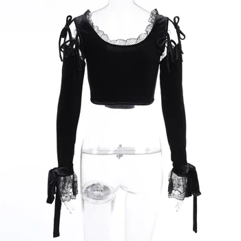 Gothic T-Shirt Priljubljeni Vroče Prodaje Hipster Jeseni Ženske Ustvarjalni Modni Oblikovalec Čipke Preplete Tanke Kvadratnih Ovratnik Sežgati Rokavi - 