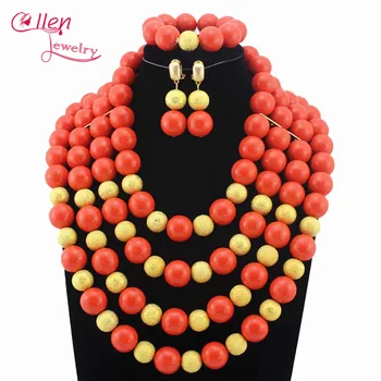 Novo nigerijski Poroko Oranžna Koralni Kroglice Velik Krog Biseri 4 plasti Nakit Set Afriške Kostum kroglice Nakit Sklopov W13502 - 