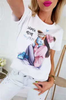 Ženske Poletne 2019 T-Shirt Mešanica Bombaž, Bele O-vratu Puloverju Vrh Priložnostne Svoboden Kratek Rokav Modni T-shirt - 