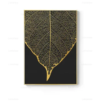 Nordijsko Zlato Povzetek Listi Cvet Wall Art Platno Slikarstvo Črno Belo Perje Poster Tiskanje Stenske Slike za Dnevna Soba Dekor - 