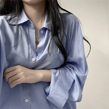 Priložnostne Svoboden Modro Bele Ženske Majice 2021 Pomlad Jesen Plus Velikost Jopico Bluzo Ženske Long Sleeve Solid Modna Oblačila 12506 - 