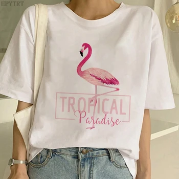 Moda Flamingo Ljubezen Tisk T-shirt Harajuku Ženske velikosti Vrhovi Tshirt Poletje Priložnostne Kratka sleeved Bela majica s kratkimi rokavi Ženske - 
