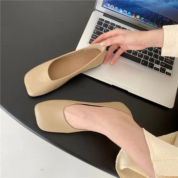 Ženska Ravno Čevlji Plitvo Loafers Kvadratni Toe Balet Stanovanja Priložnostne Zdrsne na Sandali Usnje Stran Zapatos Mujer Udobno Mocasine - 