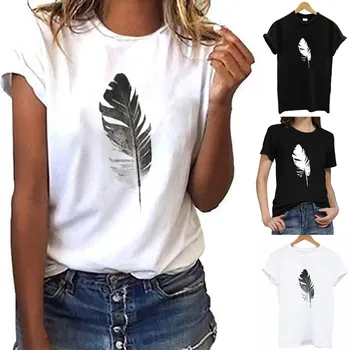 2021 Ženske T-shirt Listov Tiskanje Harajuku Kratka Sleeved O-Neck Ženske Tshirt Lady Vrhovi T Shirt Modi Poletje Pero - 