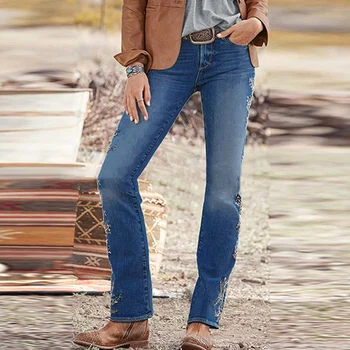 2020 Nove Ženske Jeans Sredi Pasu Modra Ravne Cevi Oprati Natisniti Moda Hlače Priložnostno Retro Street Nositi Hlače Pomladi, Jeseni - 