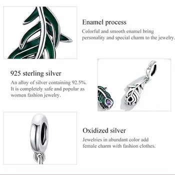 Resnično 925 čistega srebra srčkan živali Pav Zeleno Pero Čar Kroglice kovinski nakit srebrno zapestnico DIY proizvodnje - 
