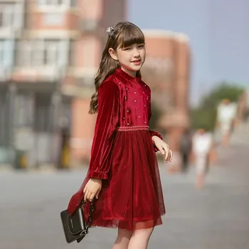 2021 Zimo Pomlad Žametno Obleko Za Deklice Dolg Rokav Očesa Svoboden Robom Sredi Dolge Halje Otroci Rojstni Dan Obleke Otroci Oblačila - 