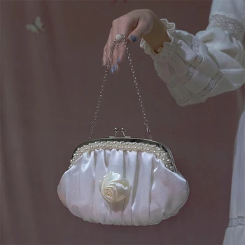 Moda svile lupini torba ženske torbice s Pearl ročaj tote vrečko Elegantna ženska verigi rame Ženski Majhno Torbico Sklopke - 