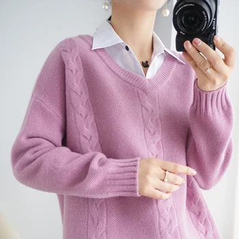 2020 nov slog volne dame Proti-vrat puloverju pulover z dolgimi rokavi pure color all-tekmo priložnostne kašmir znanja pulover - 