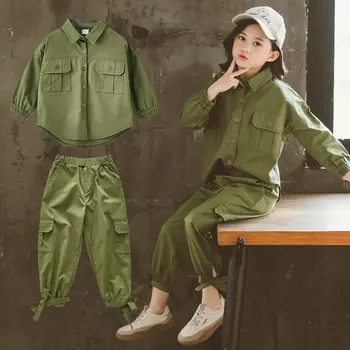 Otroški Kostum Teen Dekleta Oblačila Sklop 2020 Pomlad Vojske Zeleno Bluzo Obleko Hlače Šola Dekleta Trenirko Otroci Oblačila Set 8 10 12Yrs - 