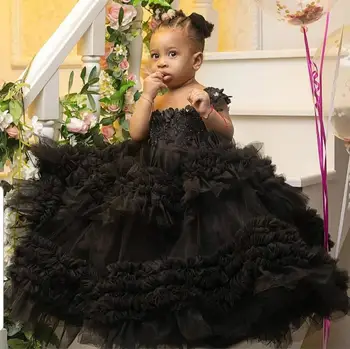 Po Meri Zabuhle Baby Girl Oblačenja Črnega Tila Čipke Odklon Vratu Princesa Prvi Rojstni Dan Obleko Pageant Stranka Obleke Photograghy - 